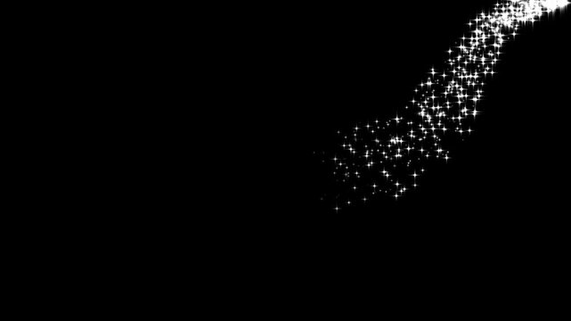 Luxury white glitter sparkles line trail, magic sparkles glitter line stars, magic dust, pixie dust path, flat vector doodle sparkle, 2D shining twinkle effect on black screen background. 4k video