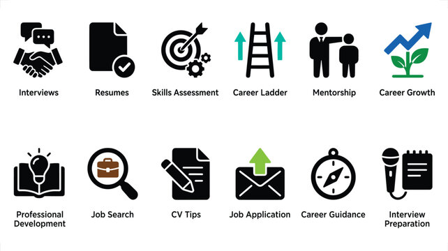 Career development icons showing job search interview preparation and professional growth with clean background