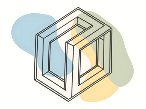 A hand drawn sketch of a geometric impossible shape or a penrose cube on colorful abstract watercolor splashes.