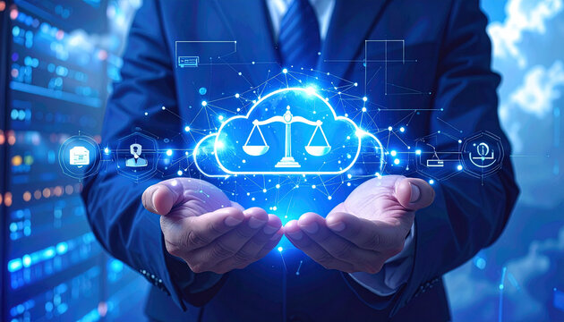 Businessman presenting digital law scale on cloud computing network