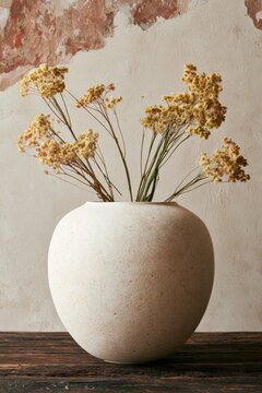 Closeup of a raw stoneware vessel filled with dried wildflowers against a textured wall, showcasing natural materials and earthy tones in a minimalist setting