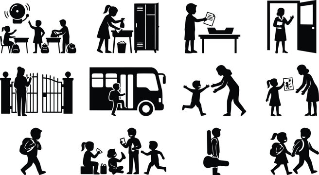 Collection of black silhouette depicting various school activities, students, teachers, and classroom routines on a white background