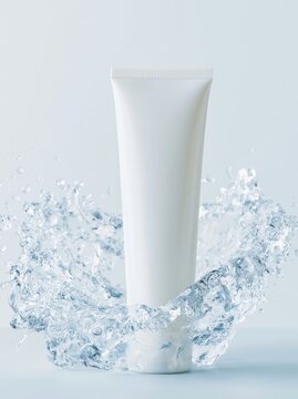 Unlabelled white skincare tube standing upright surrounded by splashes of water against a light blue background, showcasing a clean and modern aesthetic for beauty products