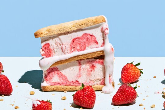 Strawberry ice cream sandwich with soft baked cookies, melting ice cream, and fresh strawberries scattered on a light blue background