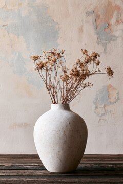 Closeup of a raw stoneware vessel with dried wildflowers arranged elegantly on a wooden surface against a textured wall background
