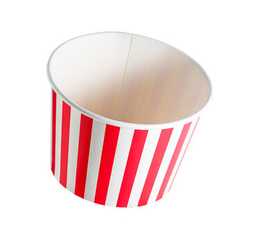 Red and white striped paper bucket stands alone