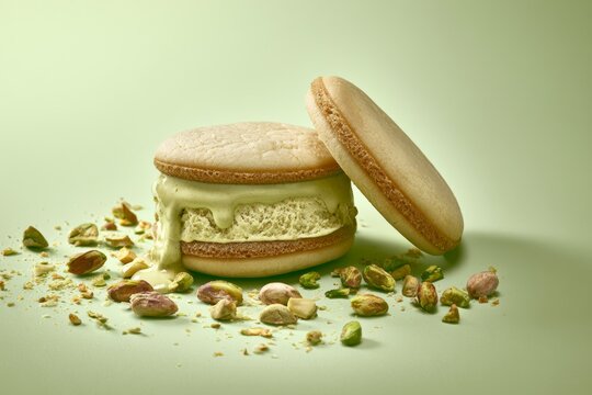 Pistachio ice cream sandwich with artisan cookies on a light green background, crushed pistachios scattered around the dessert for added texture and visual appeal