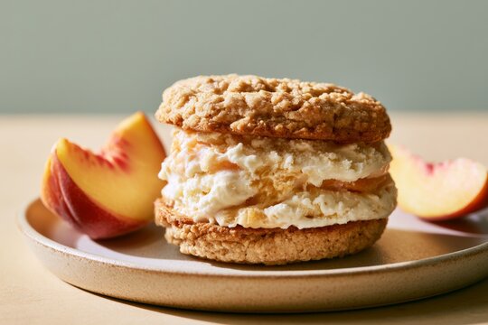 Gourmet ice cream sandwich with oatmeal cookies and peach filling served on a beige plate with fresh peach slices on a wooden table