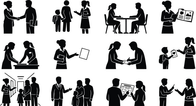 Collection of black silhouette representing teacher and student interactions, parent teacher meetings, school communication, and guidance