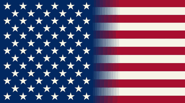 Modern flat design of the United States flag featuring a field of white stars on blue background merging into red and white horizontal stripes via a vertical gradient transition.