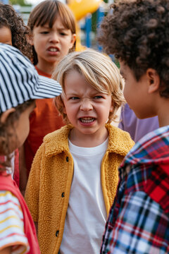 Angry blond boy showing teeth in conflict with other children at playground