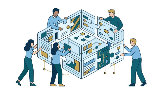 Flat vector illustration of a diverse professional team collaborating to assemble a complex isometric cube structure composed of data puzzle pieces and workflow charts on white background.