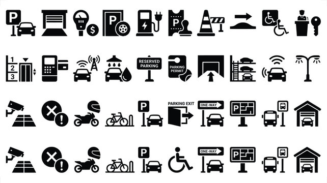 Collection of parking and traffic icons presented in a grid with diverse transportation and access symbols