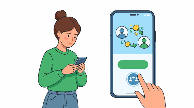 Woman uses smartphone for mobile banking and international money transfer with currency symbols in white background.