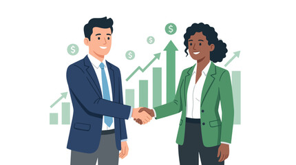Fototapeta premium Diverse business partners shaking hands with financial growth chart and dollar signs in background in white background.