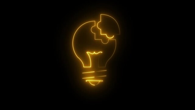 Glowing neon Puzzle Light Bulb Icon Animation on black Background. 4k motion graphics animation.