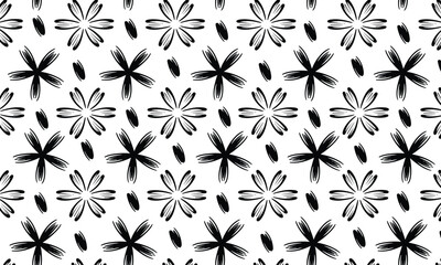 Fototapeta premium Elegant hand-drawn black floral stars repeat across a bright white canvas in a high-contrast minimalist seamless pattern design.