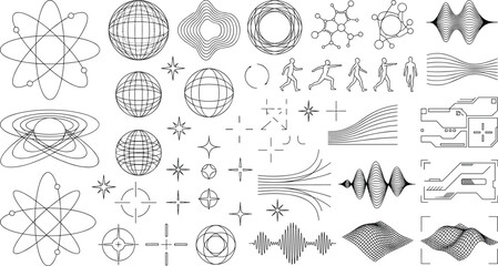 Futuristic Science Technology Vector Elements Set with Atomic Symbols Wireframe Globes and Abstract Waveforms © MdJimAhamed