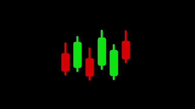 Stock market candlestick seamless looping animation with moving green and red bars on black background. Candlestick chart animated icon. Financial market analysis and stock trading motion graphic