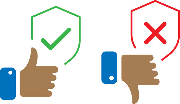 Thumbs up and thumbs down icons with shields. Approved and rejected status symbols.
