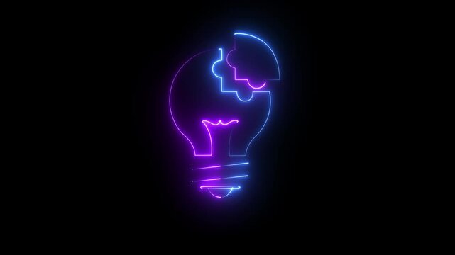 Glowing neon Puzzle Light Bulb Icon Animation on black Background. 4k motion graphics animation.