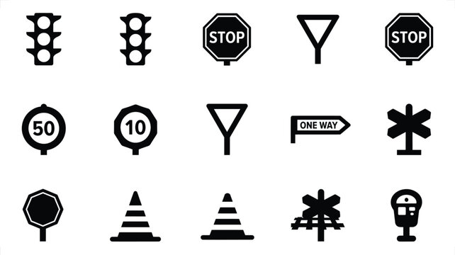 Collection of traffic control symbols including signals cones and signs on a white background