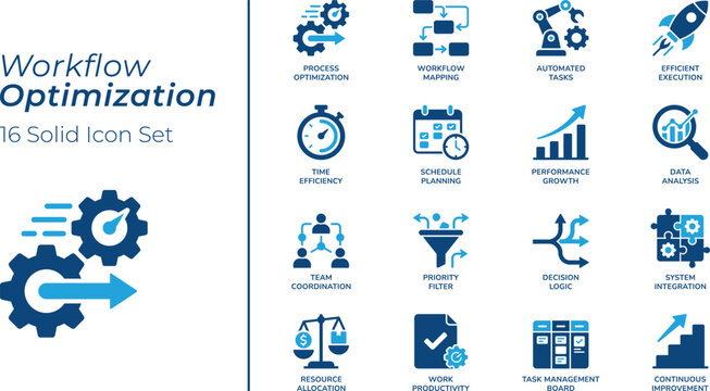 Workflow Optimization Icon Set, Process, Automation Task, Management, Team Coordination, Productivity, Business Efficiency. Solid Vector Icons for Web and App