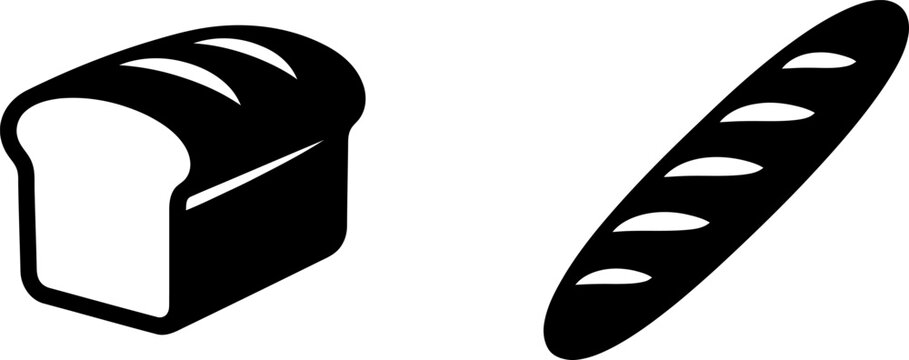 Black and white vector icon set of a loaf of bread and a long french baguette