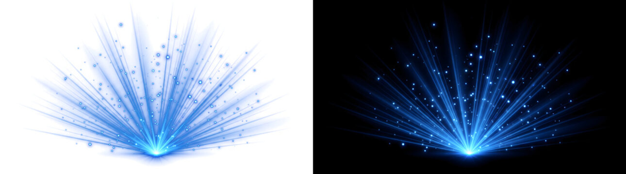 Light Fountain glowing blue rays spraying upward with sparkling particles for technology and celebration designs in PNG, Transparent and Black Background Versions