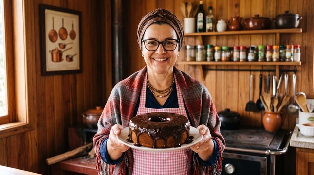 Commercial lifestyle culinary portrait of a smiling traditional woman holding a freshly baked Brazilian carrot cake with glossy chocolate fudge frosting (bolo de cenoura com chocolate) inside a warm r
