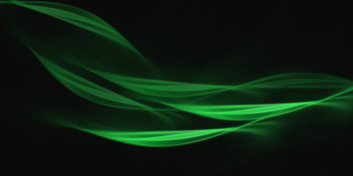 Abstract green glowing wave lines on black background with grain texture