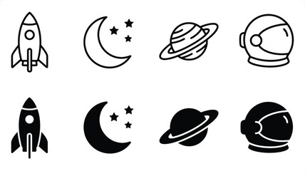 Cosmic icons with rockets planets moons and helmets in two styles for space exploration themes © Graphic Seller