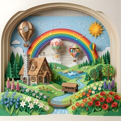 Fototapeta premium ​Whimsical Paper Craft Landscape: Cottage in a Blooming Meadow with Rainbow and Hot Air Balloons