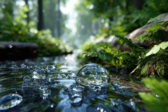 Bubbles rise to the surface in a tranquil stream, reflecting sunlight amidst vibrant foliage in the forest.