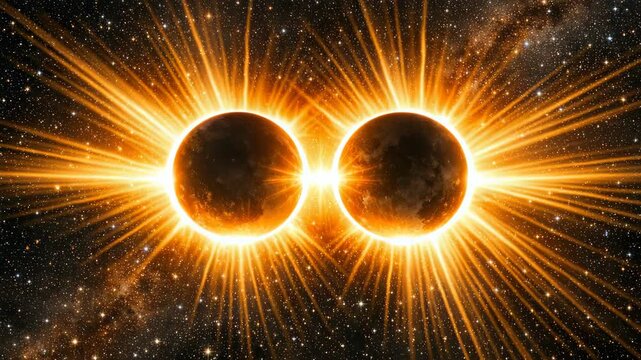 A digital artwork of two suns against a cosmic background with stars and rays emanating from them, creating an ethereal scene.
