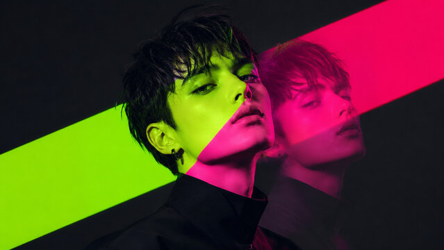 Futuristic portrait of a young man with vivid green and pink lighting and a layered profile effect.