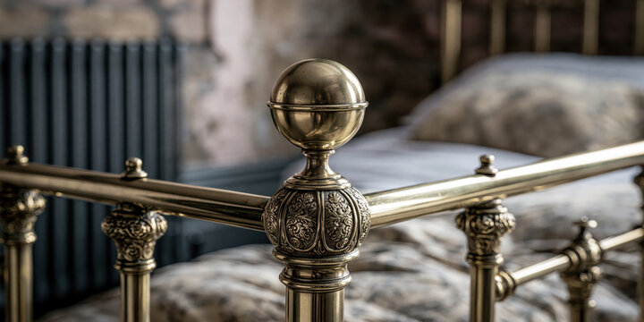 Ornate brass railing with spherical finial on a bed frame