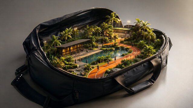 Open black travel bag revealing a miniature tropical resort with pools, pathways, and lush greenery.