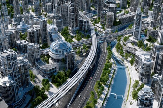 A bustling city with modern architecture and intricate transportation networks in a green environment.