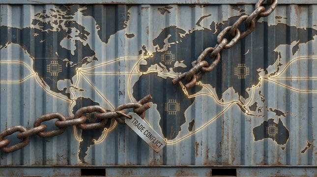 Global trade supply chain trade conflict shipping container world map logistics network cargo route semiconductor chip tariff concept metal container, rusty chain across continents, connected