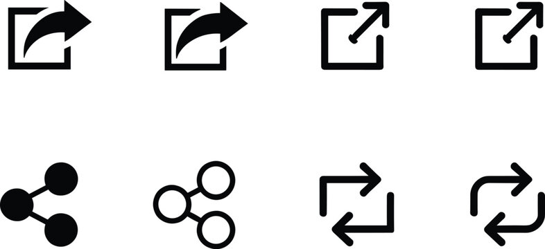 Set of black share and refresh icons on a white background Keywords: share icon, export icon, upload icon, outgoing arrow icon