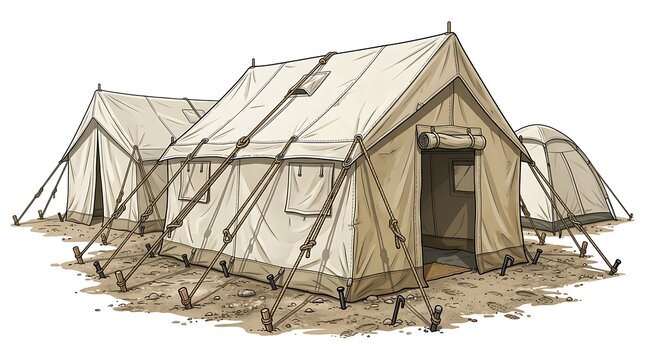 Military tent camp setup in grassy area