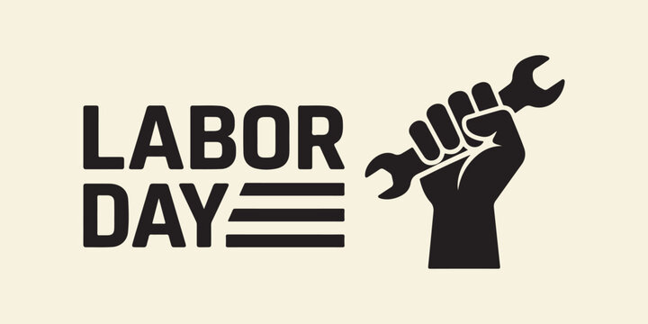 Labor day celebration vector logo icon isolated on white background with red raised fist holding wrench worker union and industry solidarity concept