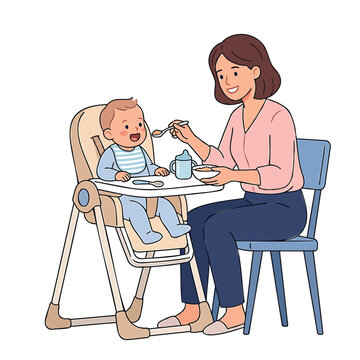 Mother Feeding Happy Baby in High Chair, Isolated Vector Illustration