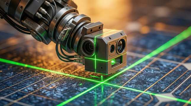 Robotic sensor laser industrial inspection machine vision automation quality control Robotic sensor projecting laser scans metal surface for industrial inspection with machine vision automation