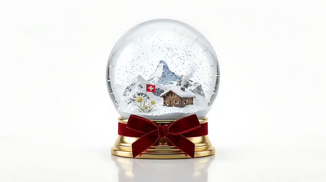 Snow globe with winter village and mountain cabin scene. Detailed holiday souvenir illustration featuring festive alpine landscape inside glass sph...