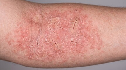 Fototapeta premium Close up of red dry irritated skin patch indicating dermatological condition or allergy