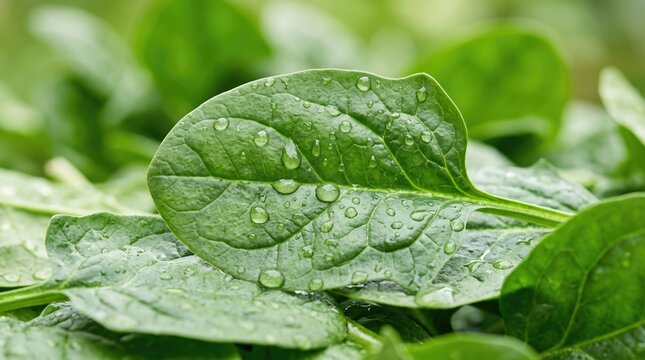 Close up of fresh organic spinach leaves with water droplets on a kitchen table, vegetable