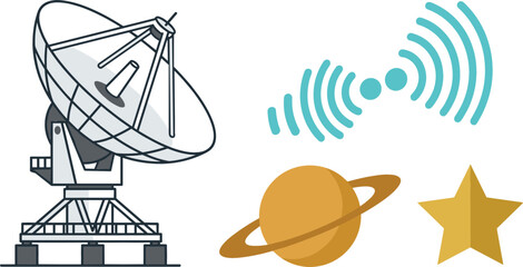 Space Communications Satellite Dish Icon Set with Wireless Radio Frequency Signal Waves Planet Saturn and Star Vectors for Deep Space Research © monoara