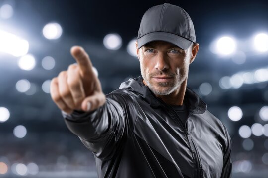Coach gives clear instructions during an intense training session at night under stadium lights